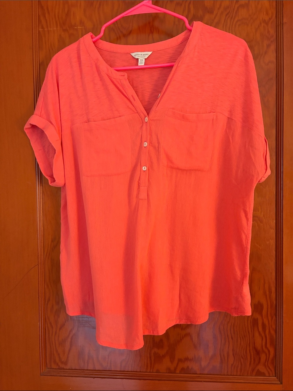 Lucky Brand Coral Pink Short Sleeve Button-Front Top